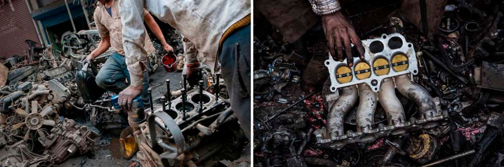 Image on Left - New Delhi, India: Vehicle engines being repaired for reselling at Mayapuri Scrap market. 1st December, 2015. Image on Right - New Delhi, India: Innards of an engine undergoing examination in the hands of a mechanic. 2nd February, 2016.