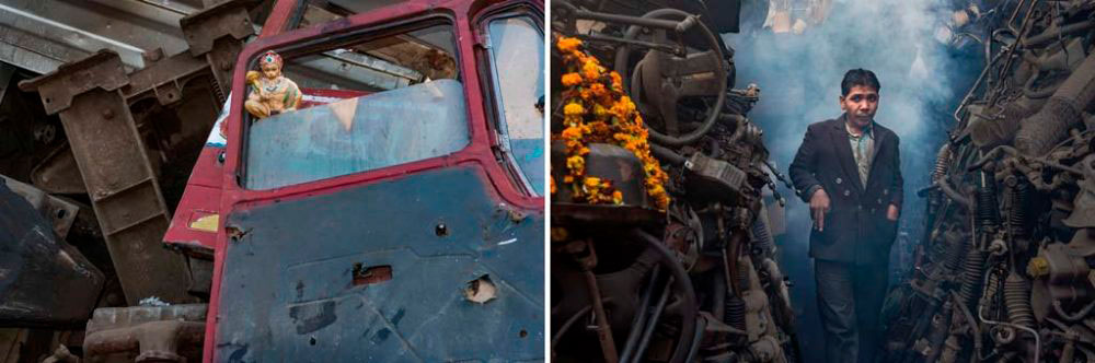 Image on Left - New Delhi, India: An idol of Lord Hanuman found between vehicular remains at a second hand parts shop. 3rd February, 2016. Image on Right - New Delhi, India: A migrant, Brijesh Yadav starts the day at the second hand parts shop among smoke from incense. 30th January, 2016.