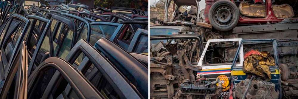 Image on Left - New Delhi, India: Stacks of car doors awaiting buyers. 1st February, 2016. Image on Right - New Delhi, India: All that is useful finds a display at a second hand parts shop. 29th January, 2016.