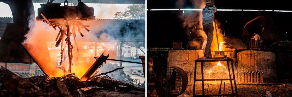 Image on Left - Baddi Industrial Area, India: A magnet drops metal waste into the furnace where it is melted. 6th February, 2016. Image on Right - Baddi Industrial Area, India: Molten Iron in the final stage of its recycling. 6th February, 2016.